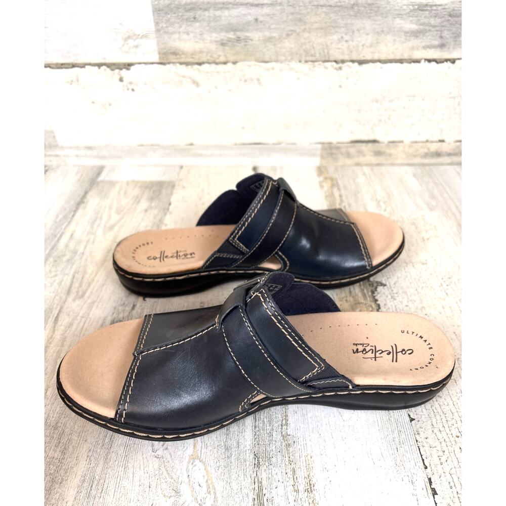 Clarks Womens 8.5 Black Leather Leisa Gianna Slip On Sandals NEW Open Toe